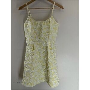 Floreya Yellow Floral Jacquard Mini Dress Spaghetti Strap Textured A-Line Size M